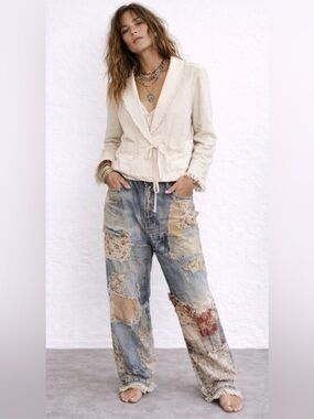 RAQUEL ALLEGRA Ivory Tie Front Jacket Raw Edge Cropped Boho Fits M